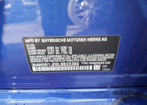 2020 BMW 330I из США, поврежденный, VIN 3MW5R1J09L8B25389